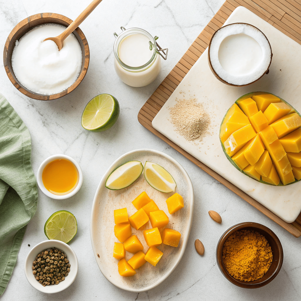 ingredients for vegan mango lassi popsicles