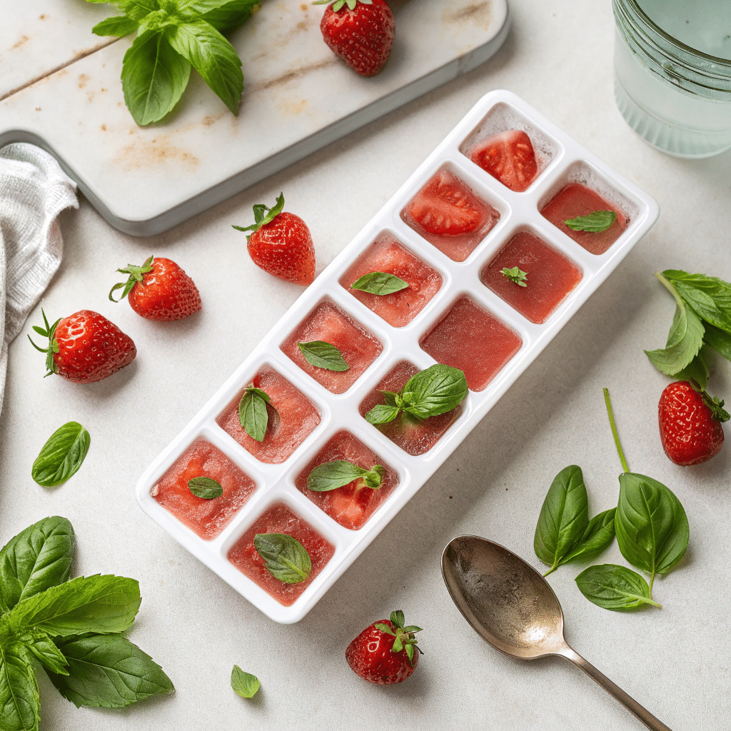 ice cube tray with mini frozen strawberry