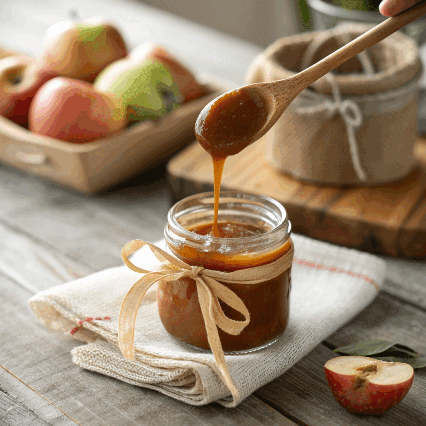 small glass jar of glossy vegan caramel sauce