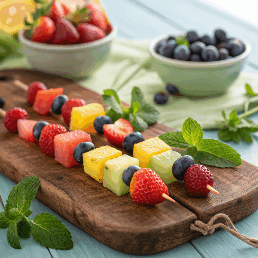 colorful fruit kabobs with fresh mint leaves