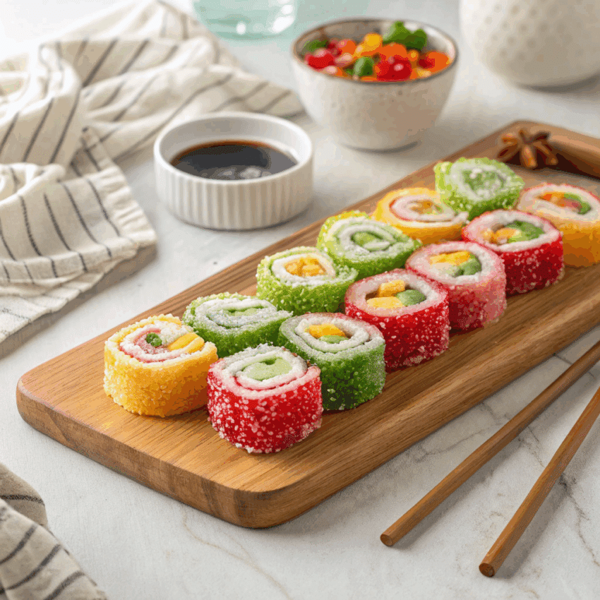 colorful platter of candy sushi rolls