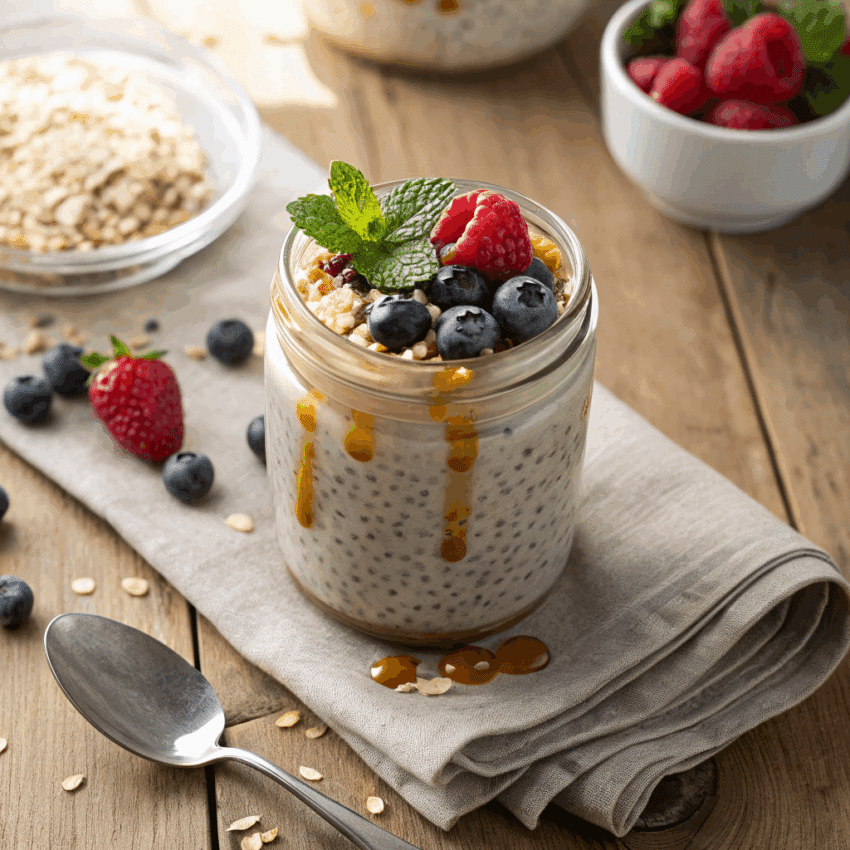 glass jar filled with vanilla high-protein chia pudding