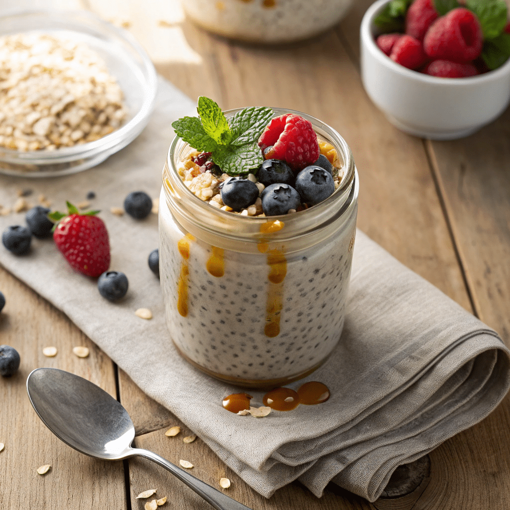glass jar filled with vanilla high-protein chia pudding