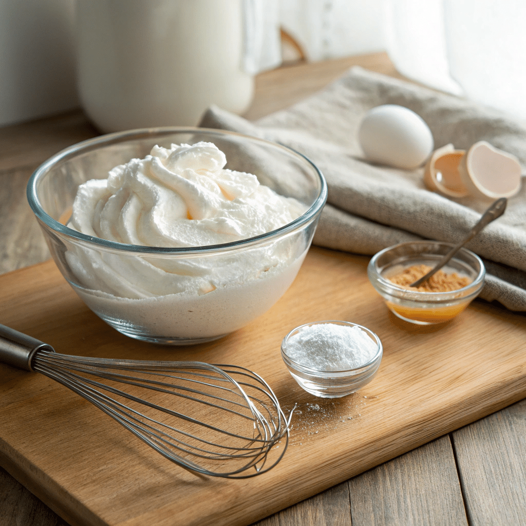 glass bowl of whipped stiff egg whites
