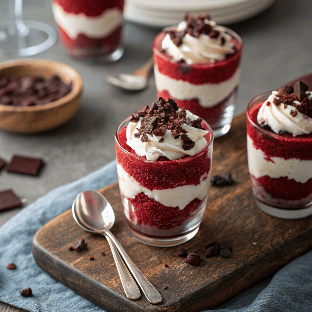 Red velvet parfait desserts served in individual glasses
