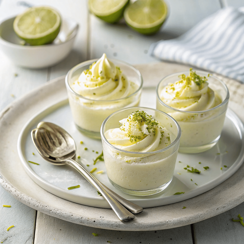 Small glass cups filled with airy key lime mousse