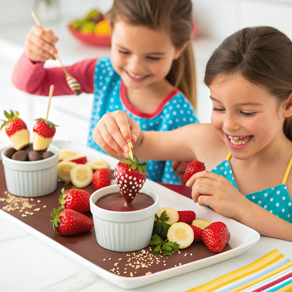 Strawberries and banana slices dipped halfway into melted chocolate