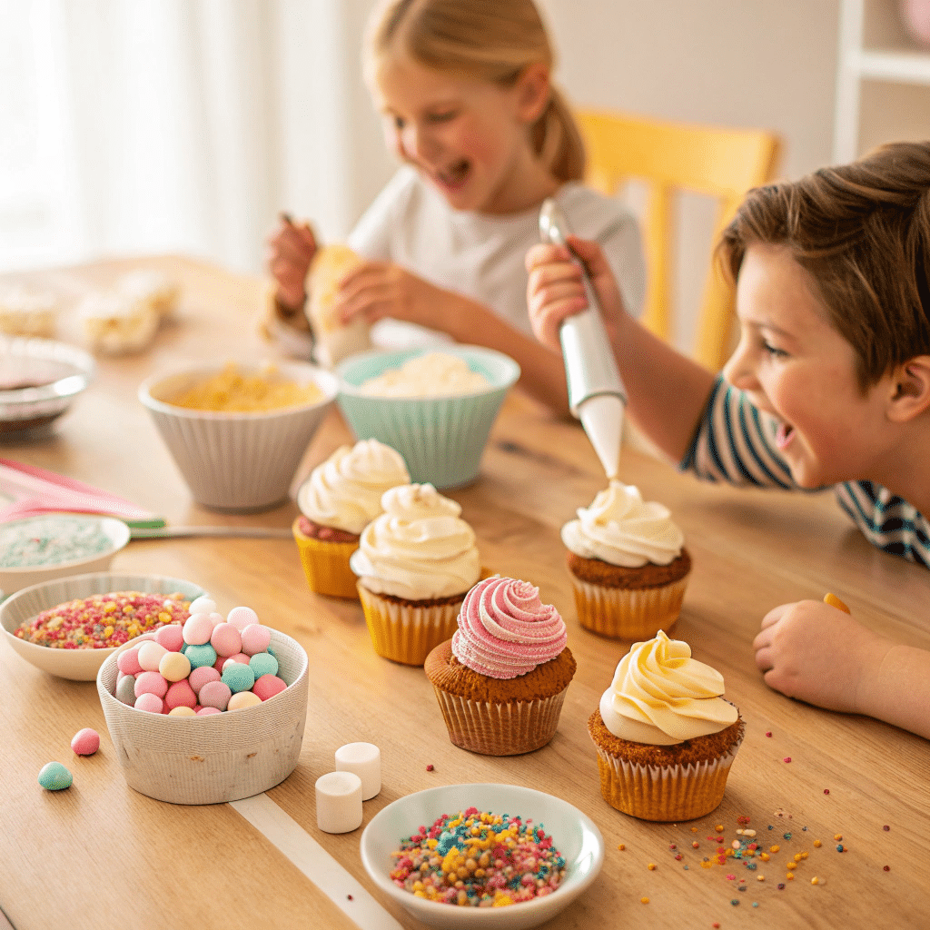 Table filled with plain cupcakes being decorated by kids