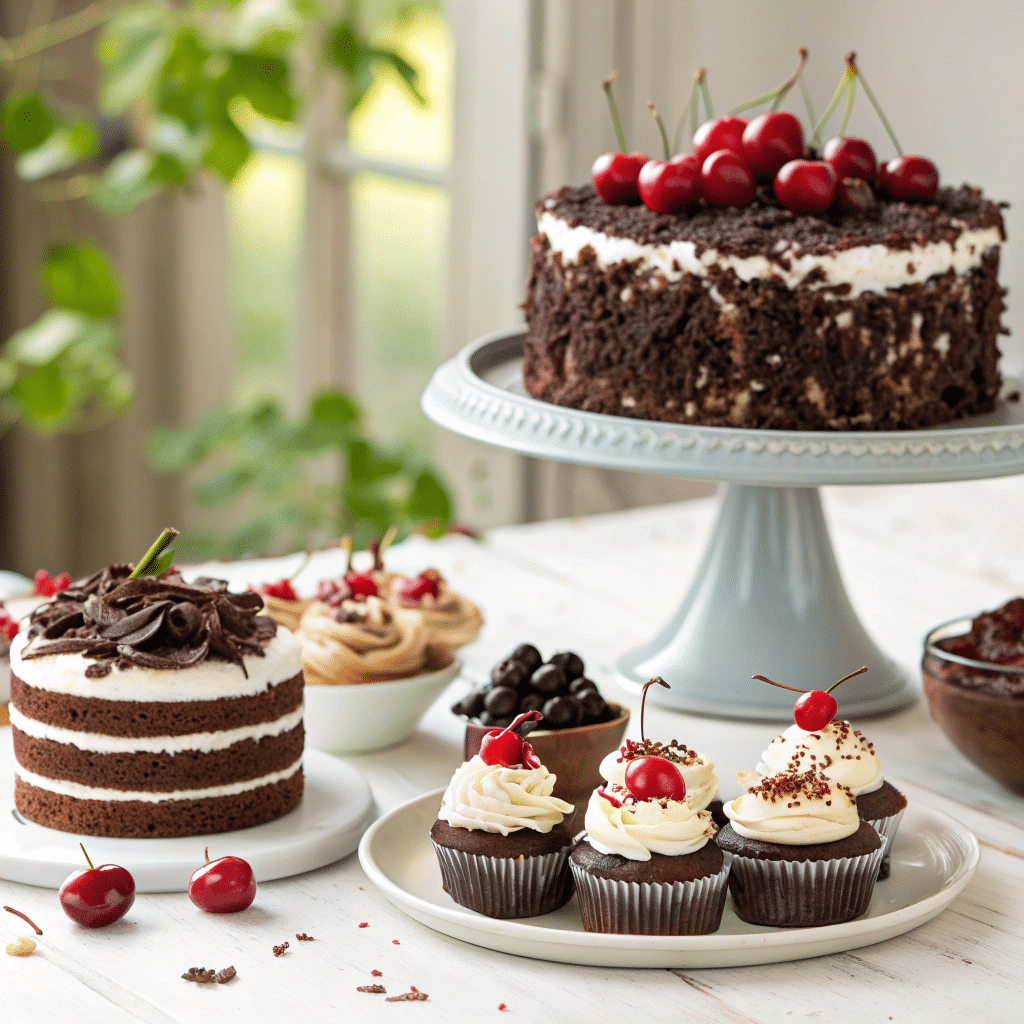 Three variations of Black Forest desserts
