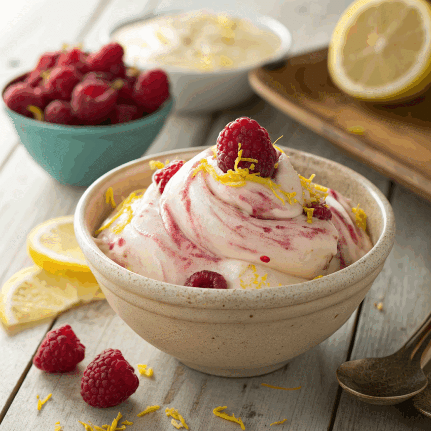 close-up of a bowl of lemon raspberry frozen yogurt