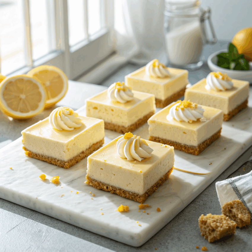 no bake lemon cheesecake sliced into bars