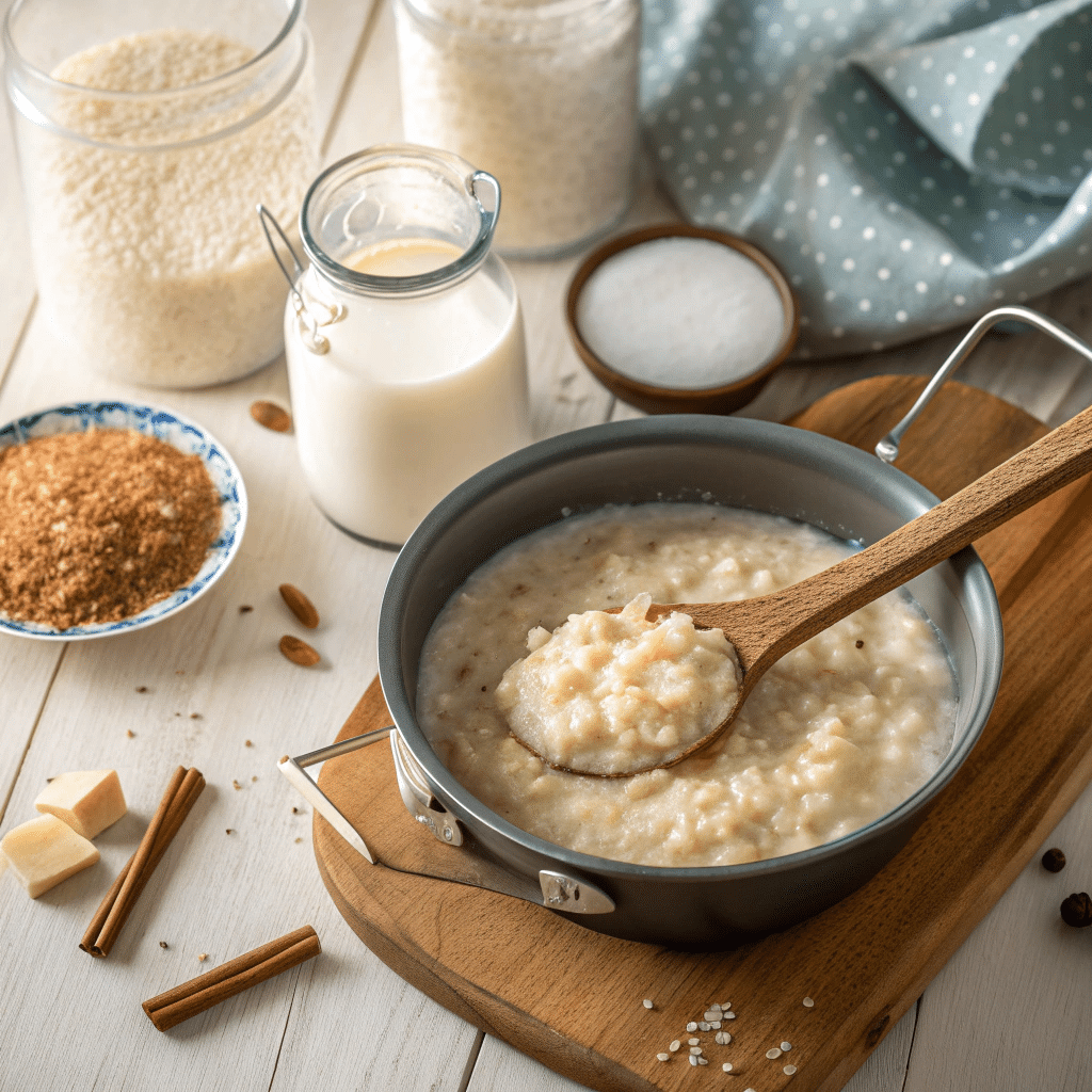 freshly made vegan coconut rice pudding in a saucepan