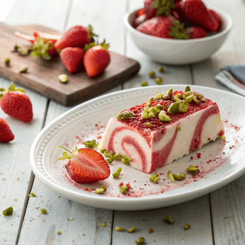 beautifully plated slice of strawberry semifreddo