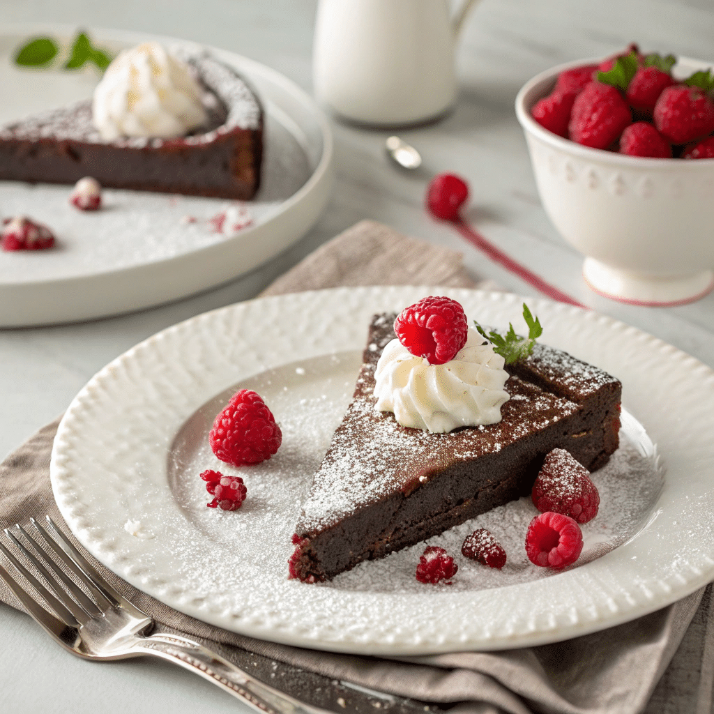 dessert plate with a slice of flourless chocolate cake
