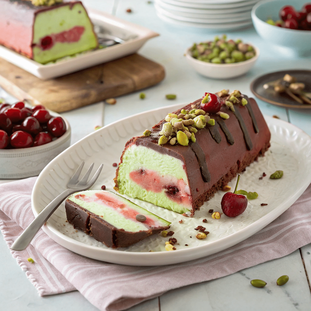 Italian dessert table with a loaf of Spumoni Italian layered ice cream