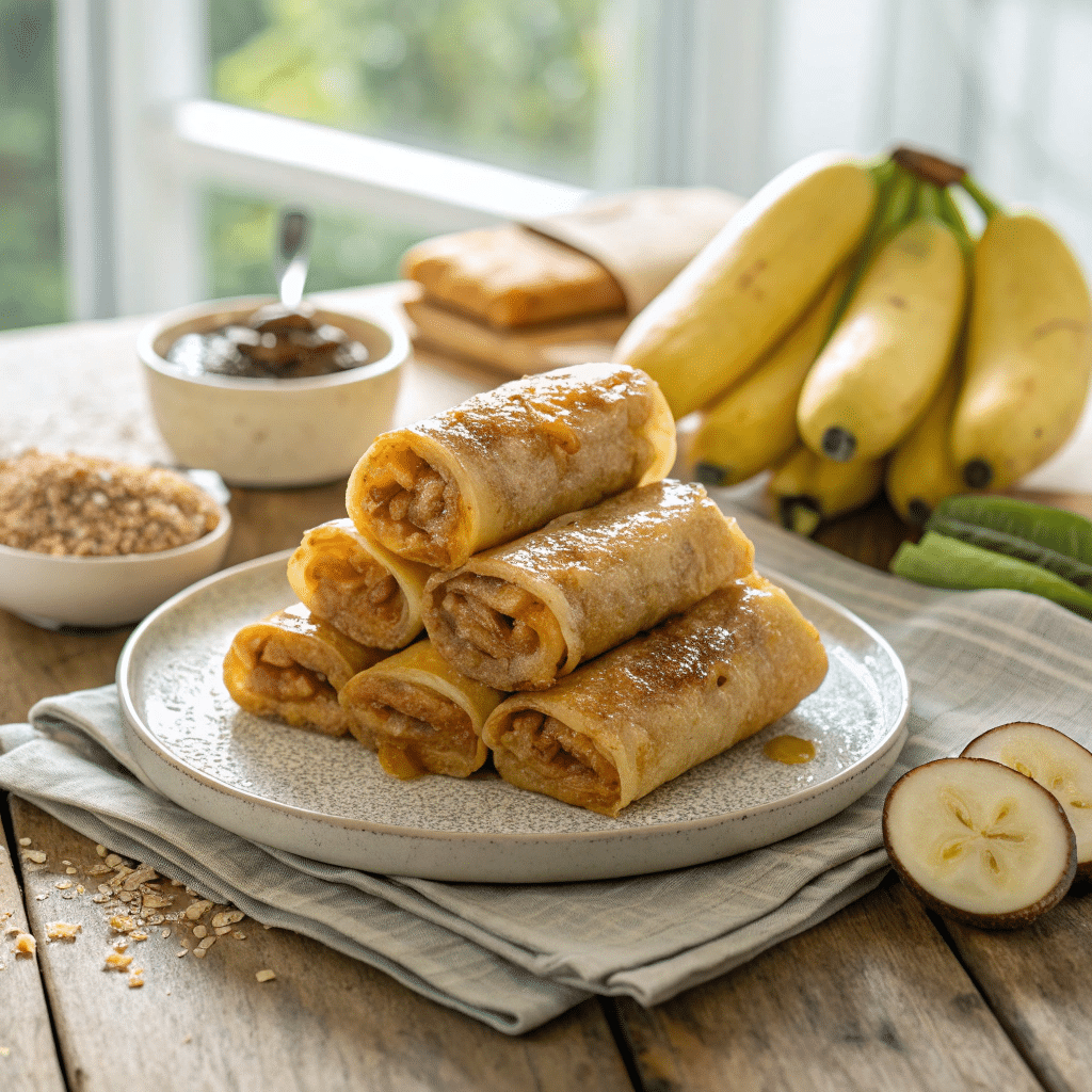 plate of Filipino turon banana spring rolls