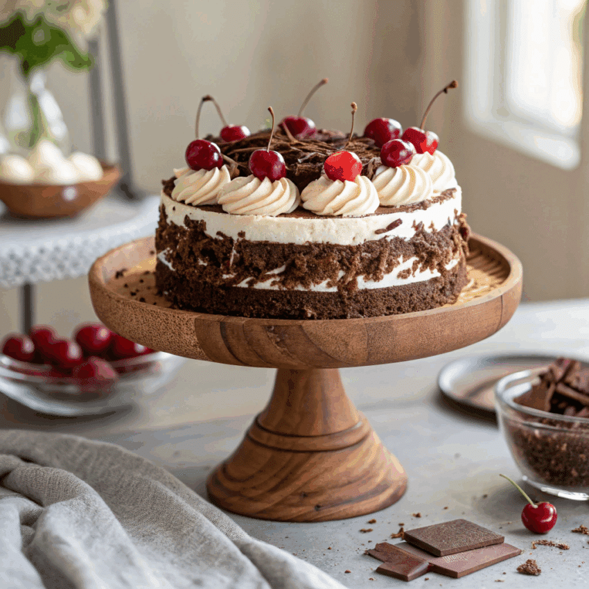 A beautifully styled whole Black Forest Gateau