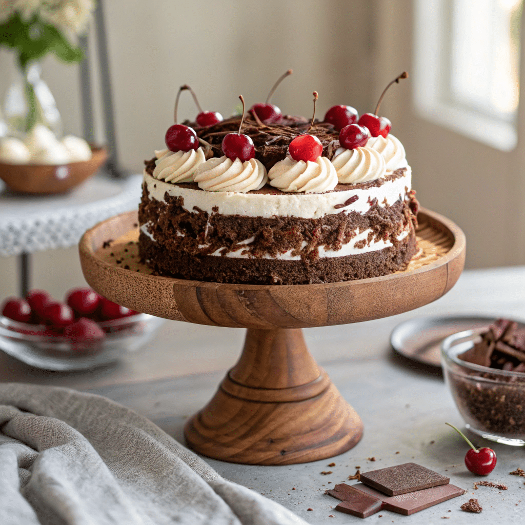 A beautifully styled whole Black Forest Gateau