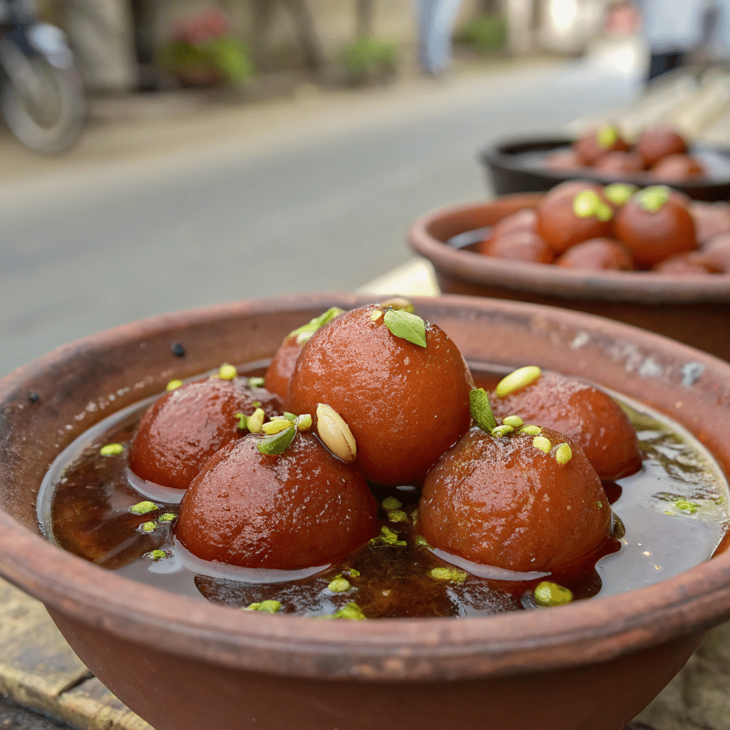 bowl of gulab jamun soaked in rosewater syrup
