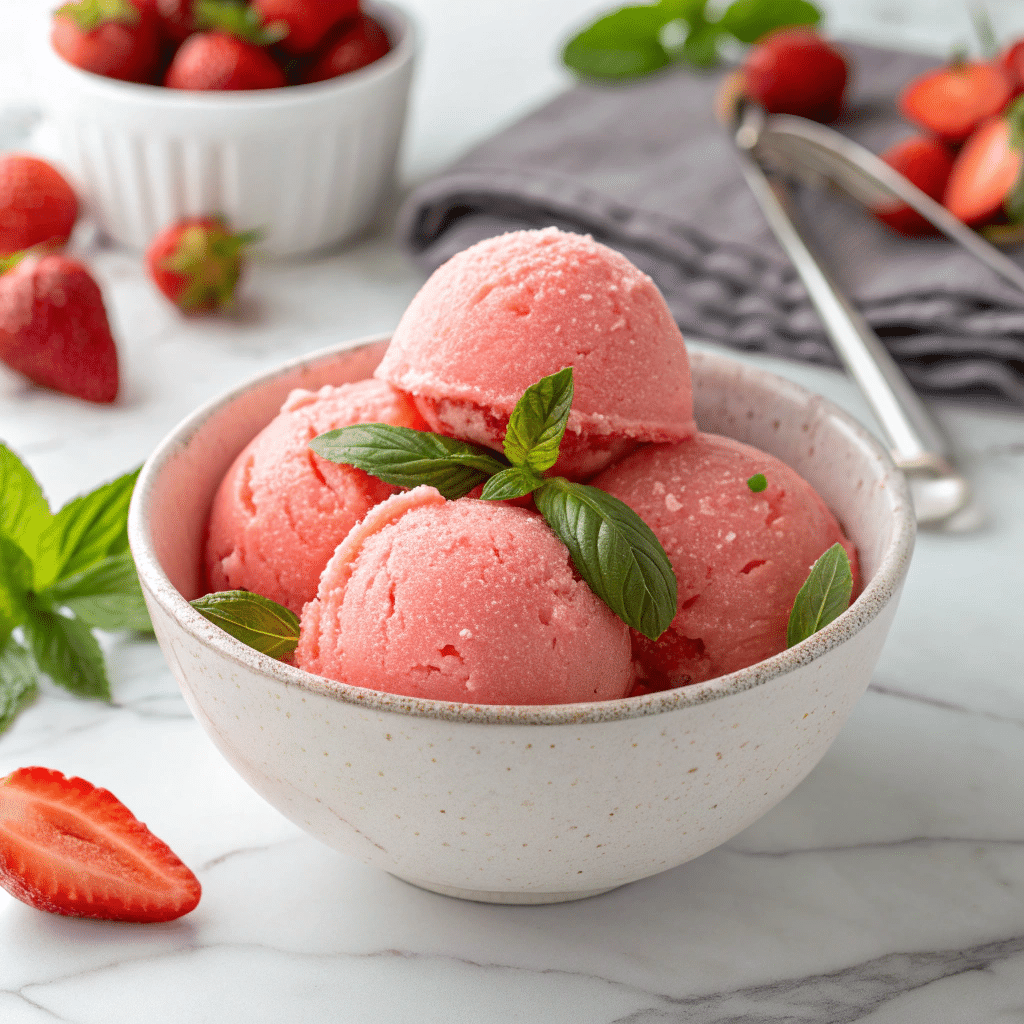 A bowl of vibrant pink strawberry sorbet scoops