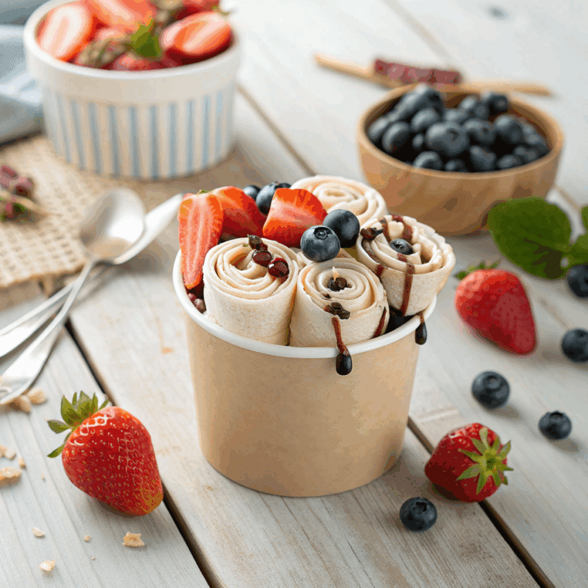 Thai rolled ice cream served in a paper cup with 5–6 neat rolls