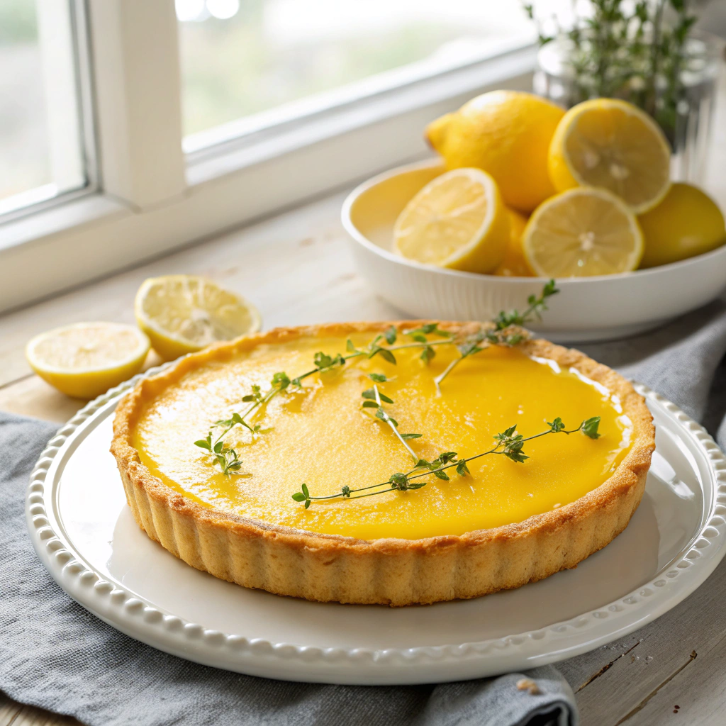 yellow lemon curd tart with a glossy surface