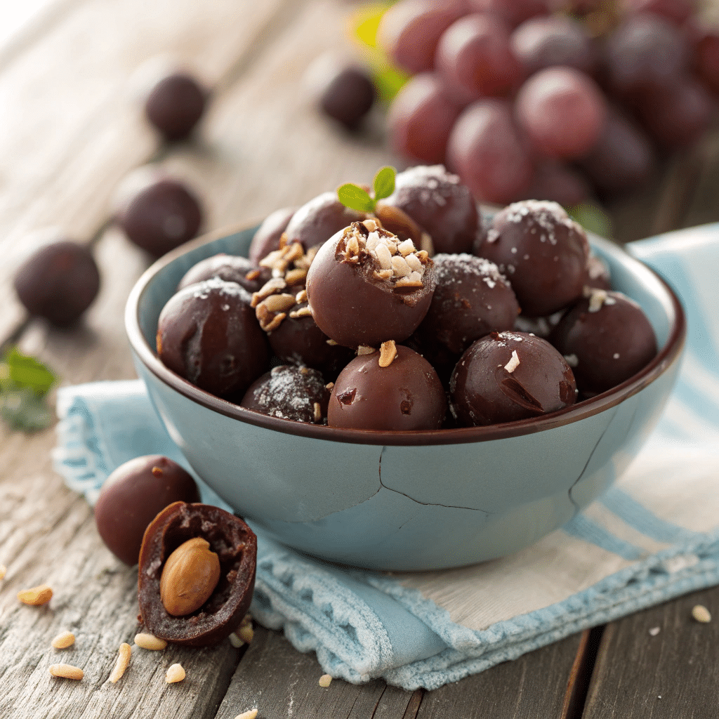 a bowl filled with frozen chocolate covered grapes