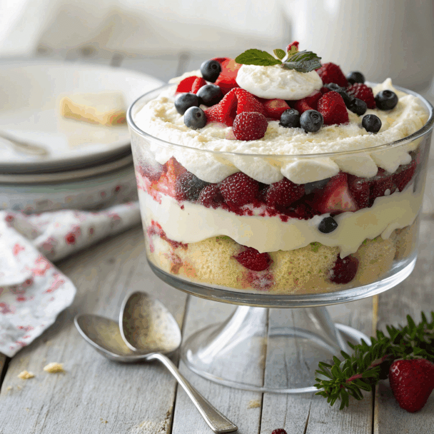 tipsy trifle English dessert in a clear glass trifle dish
