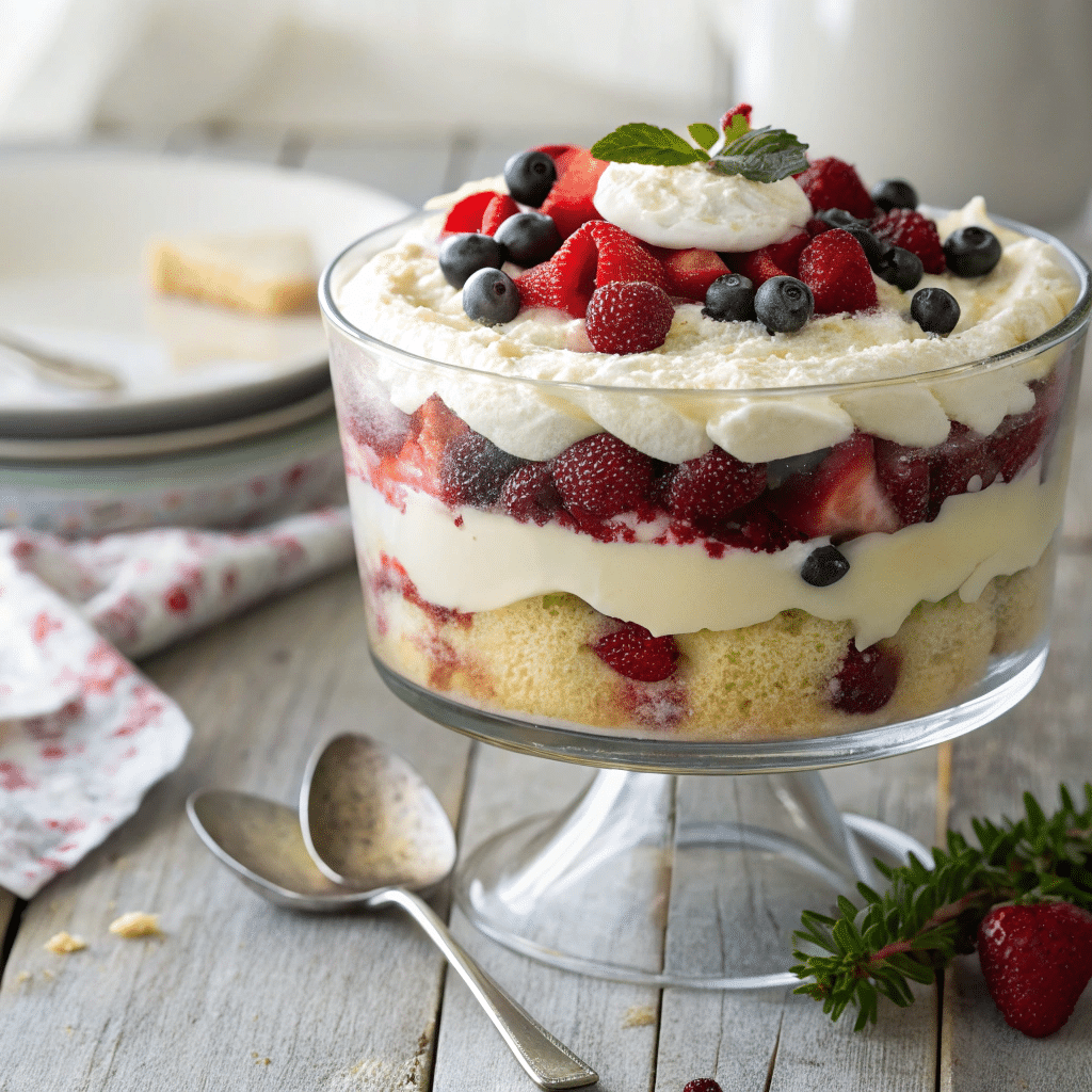 tipsy trifle English dessert in a clear glass trifle dish