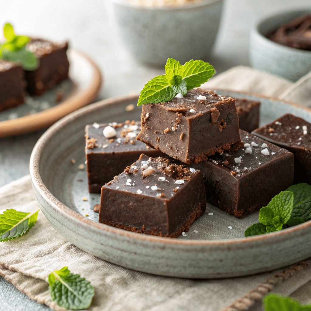 square pieces of dark chocolate fudge with tiny flecks of fresh mint leaves