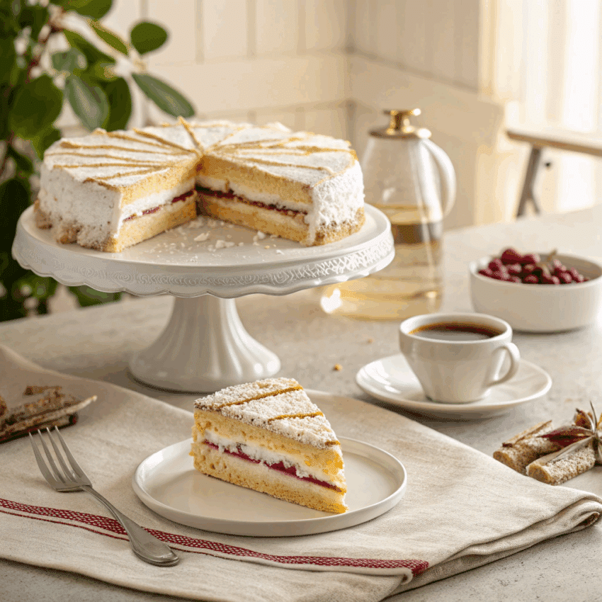 Kardinalschnitten meringue layers on a white cake