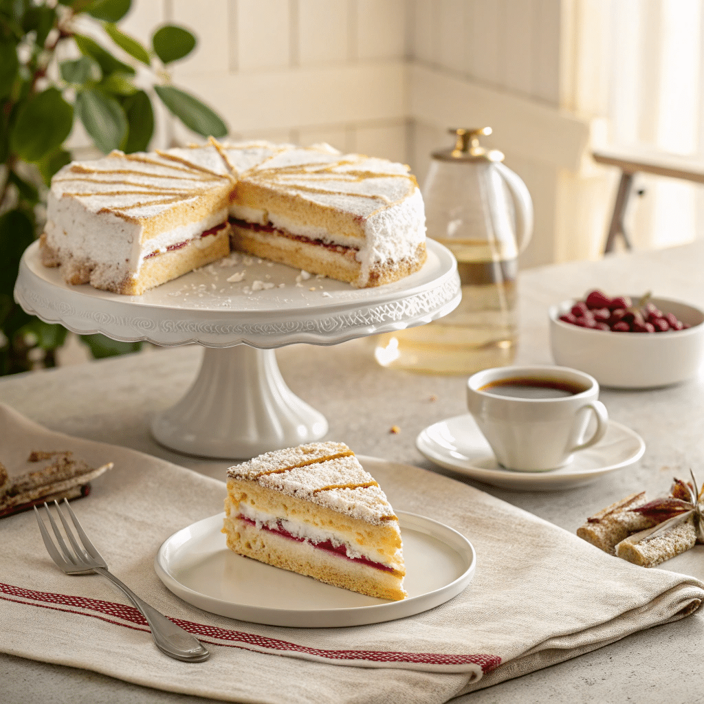 Kardinalschnitten meringue layers on a white cake