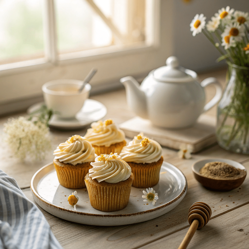 plate of freshly baked chamomile tea cupcakes