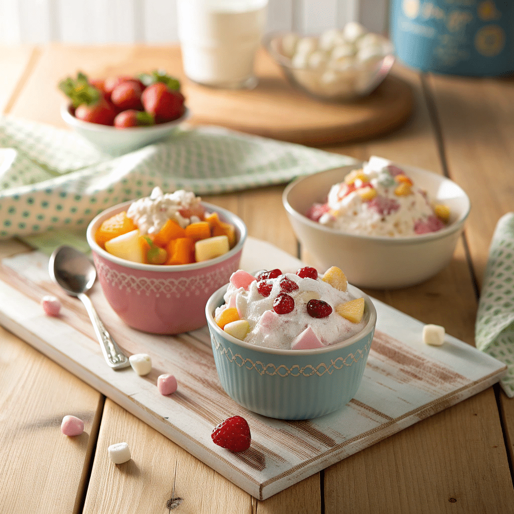three small bowls of ambrosia salad