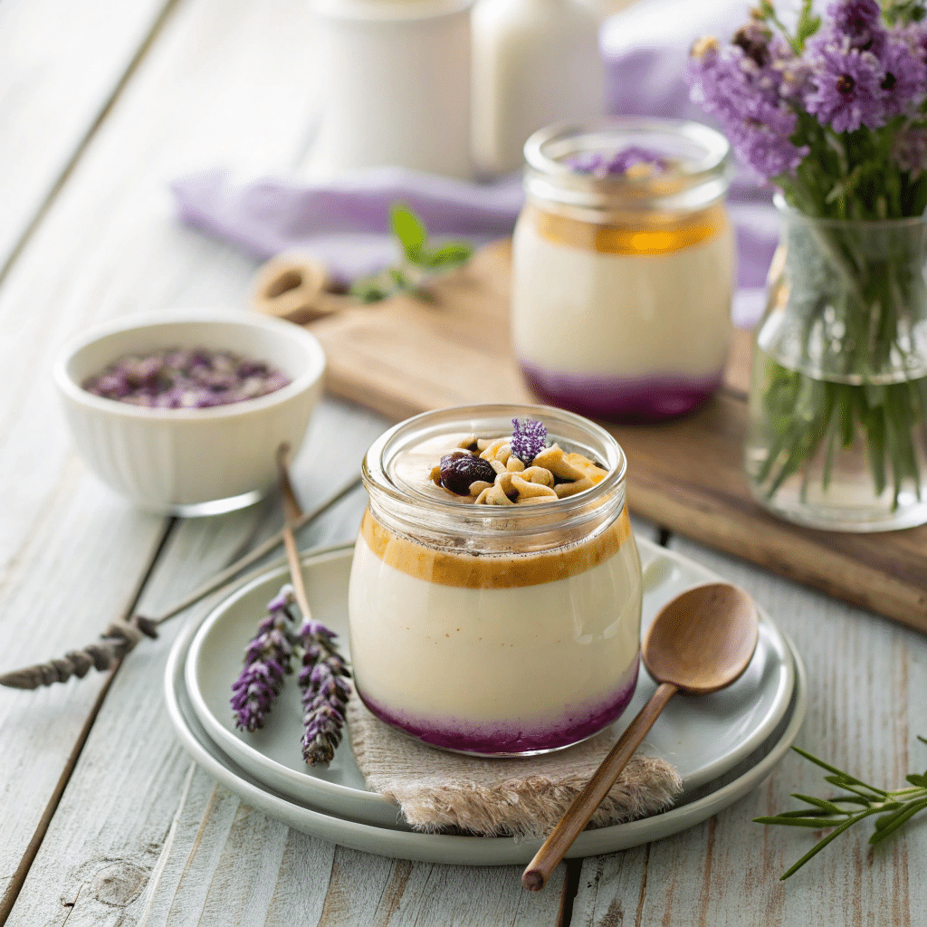 creamy lavender panna cotta served in a glass jar