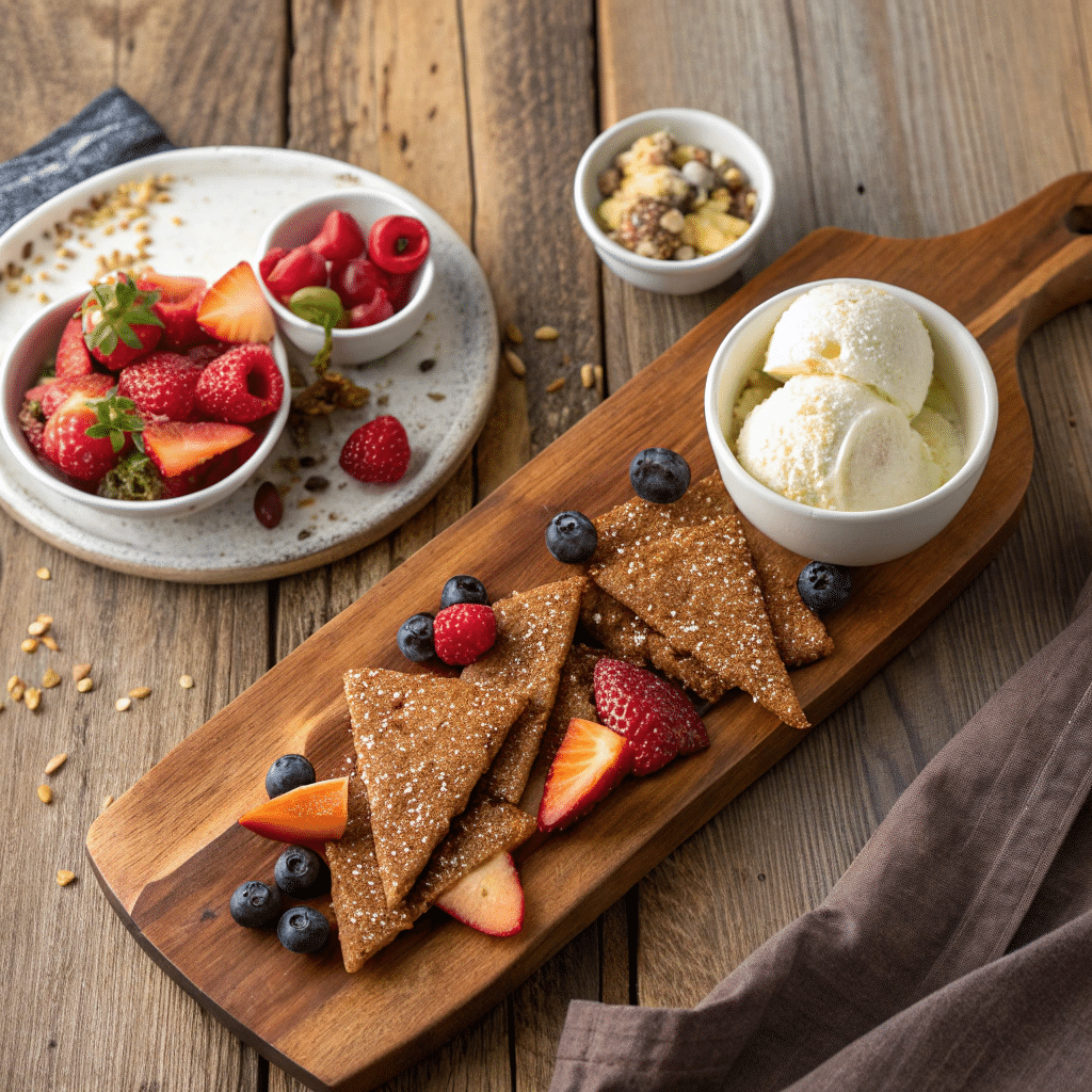 sesame brittle shards, fresh fruit, small bowls of yogurt, and ice cream
