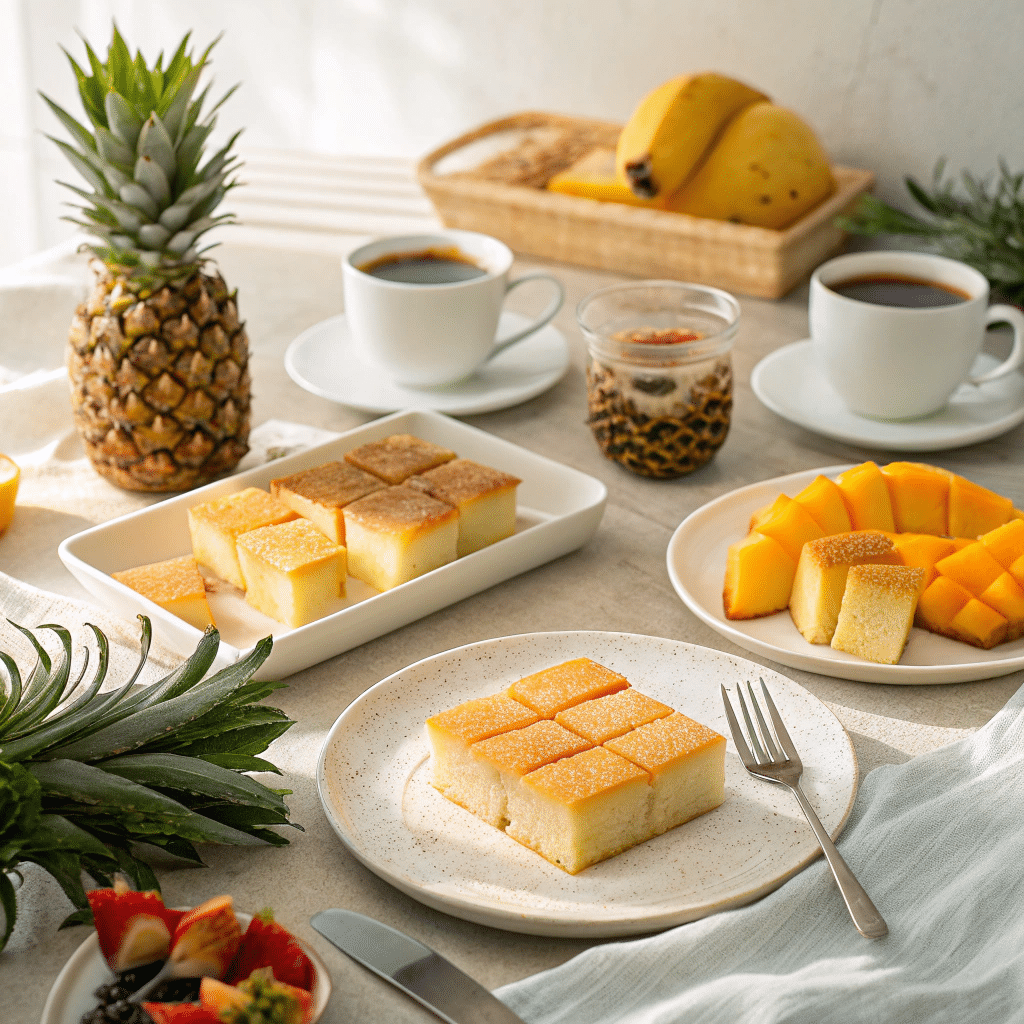 A dessert table spread with sliced cassava cake squares