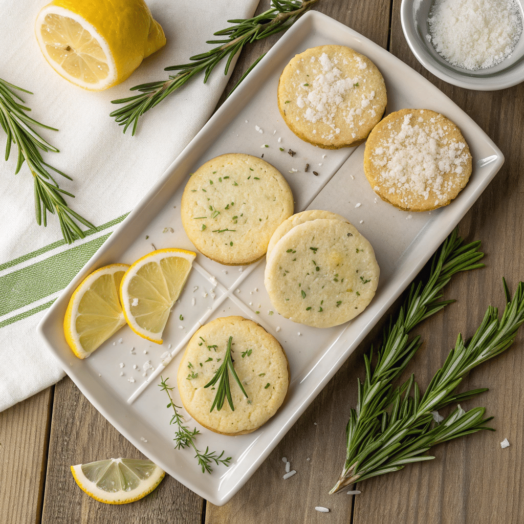 A divided platter with four variations of rosemary shortbread cookies