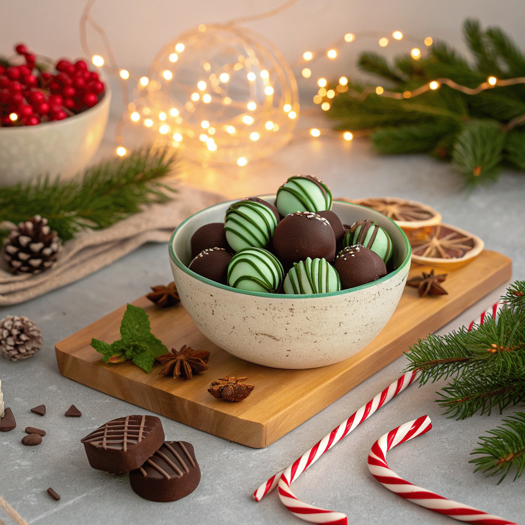 A festive dessert table with a bowl of mint chocolate truffles