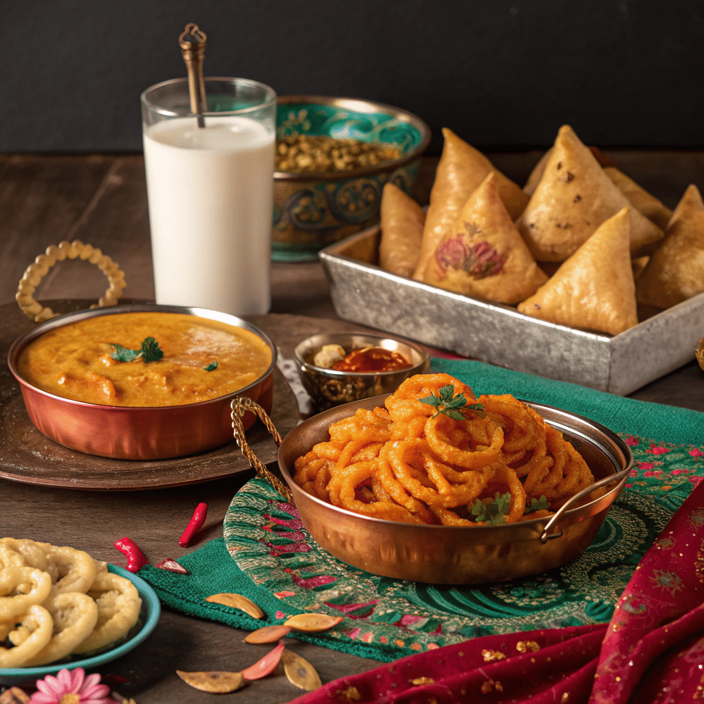 Indian dinner spread featuring jalebi served alongside samosas
