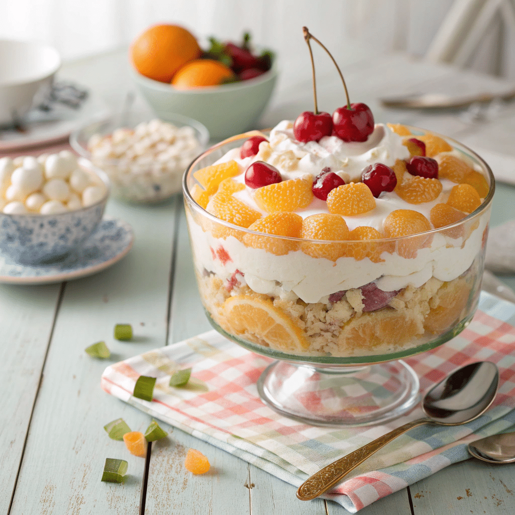 trifle bowl filled with retro ambrosia salad