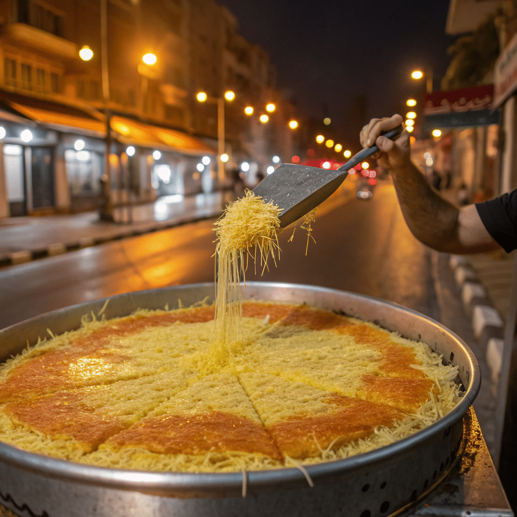 tray of knafeh being sliced