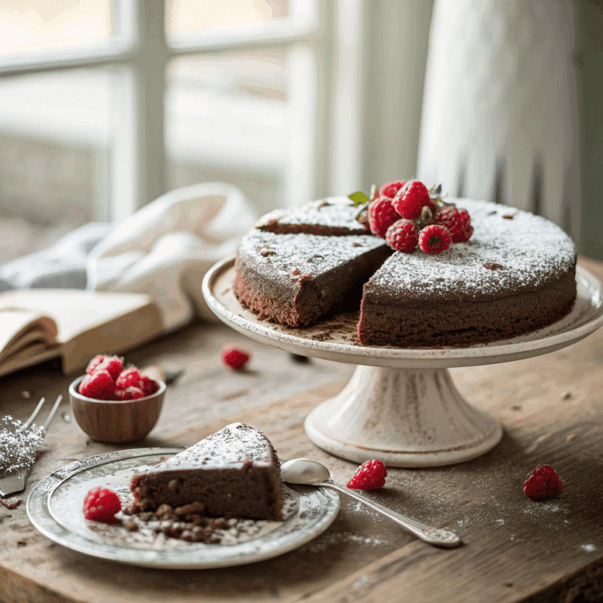 beautifully styled flourless chocolate cake