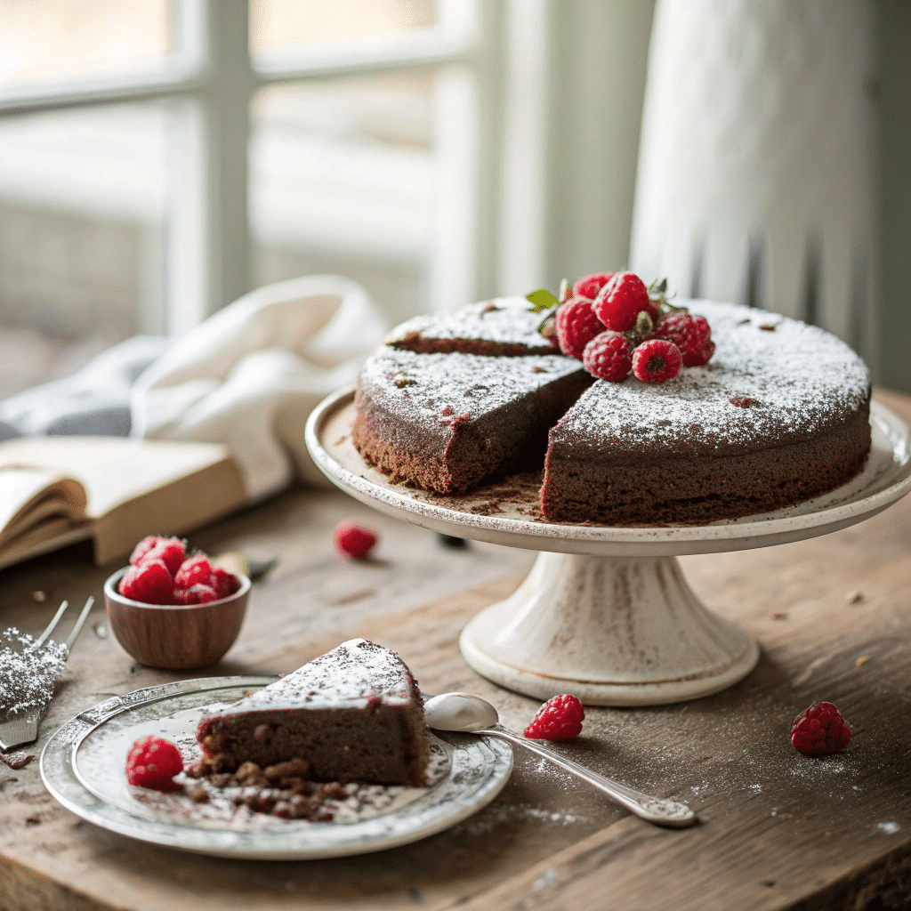 beautifully styled flourless chocolate cake
