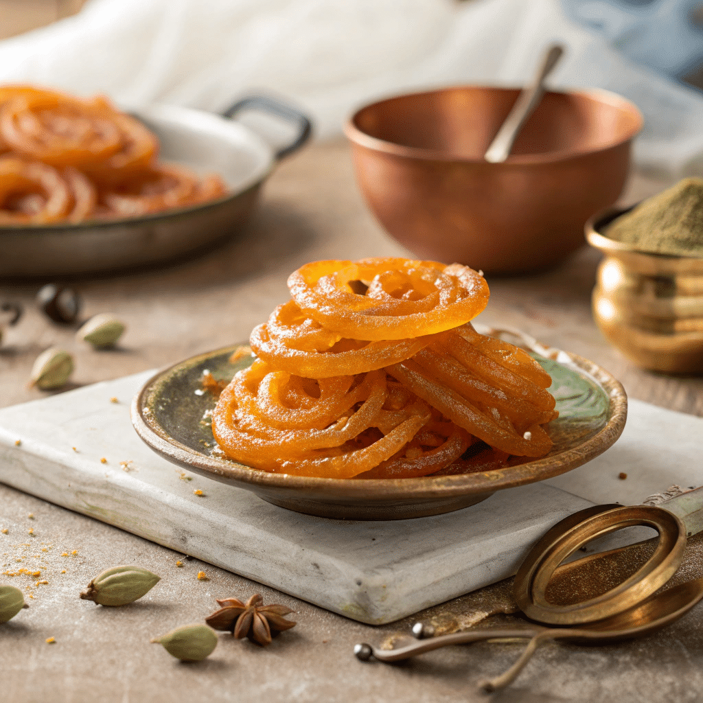 plate of freshly fried jalebis stacked in spirals
