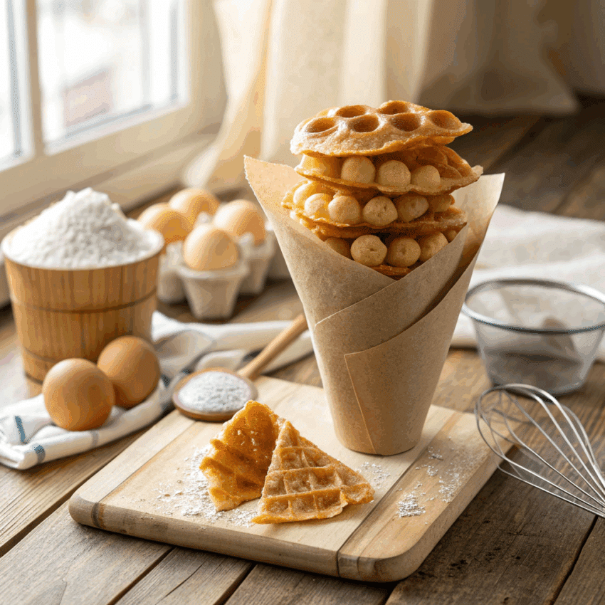 freshly cooked Chinese egg waffles stacked in a paper cone
