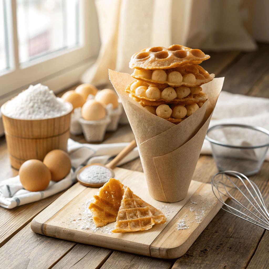 freshly cooked Chinese egg waffles stacked in a paper cone