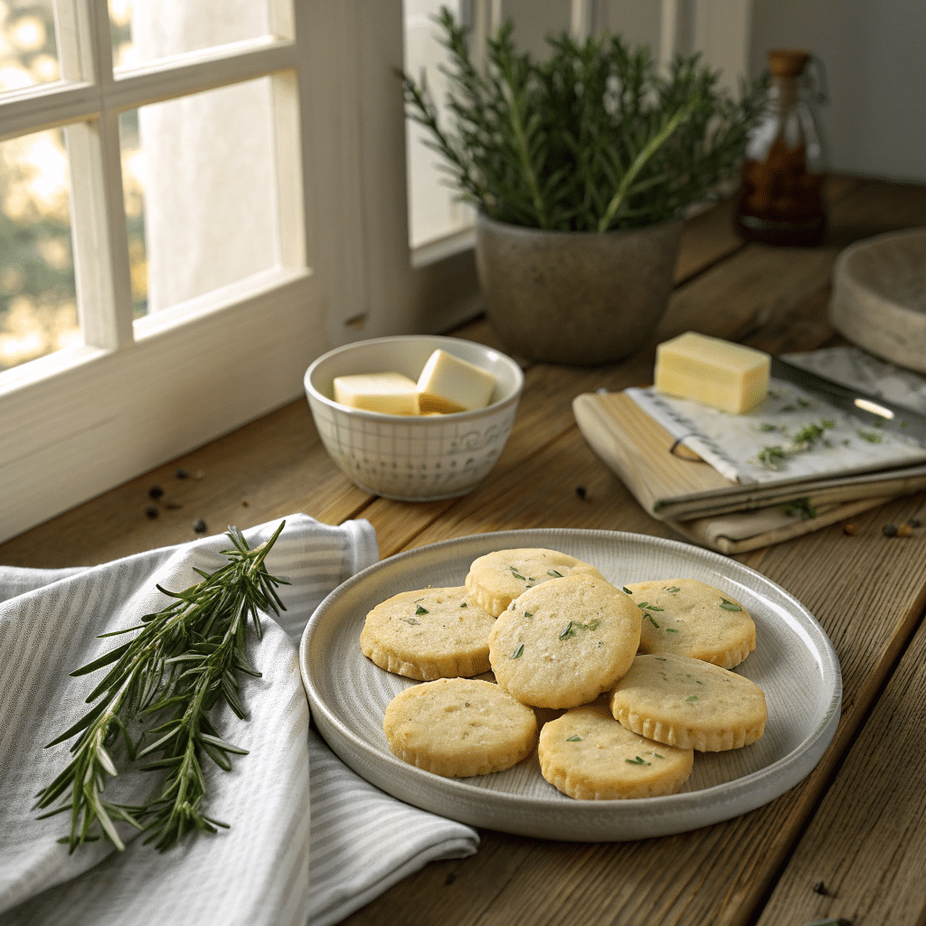 plate of freshly baked rosemary shortbread cookies