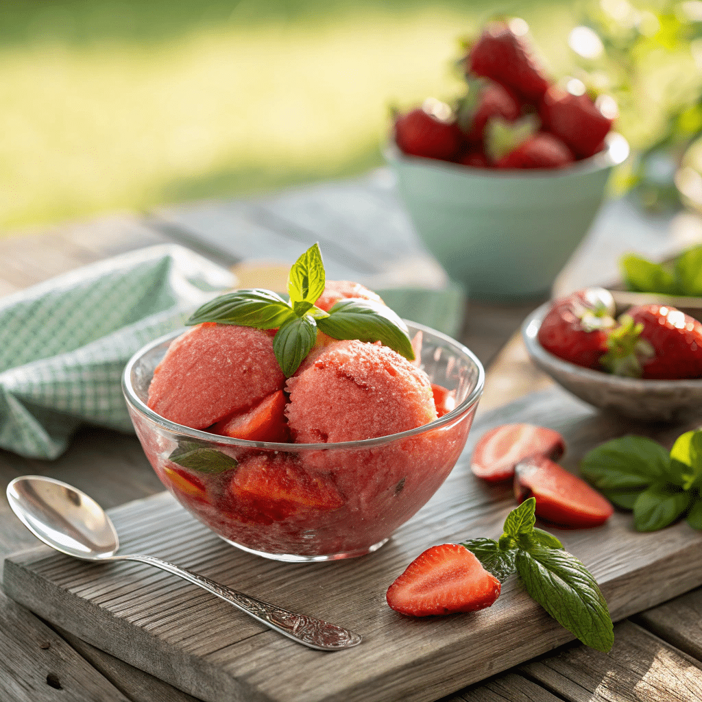 frosted glass bowl of basil strawberry sorbet topped with fresh basil leaves