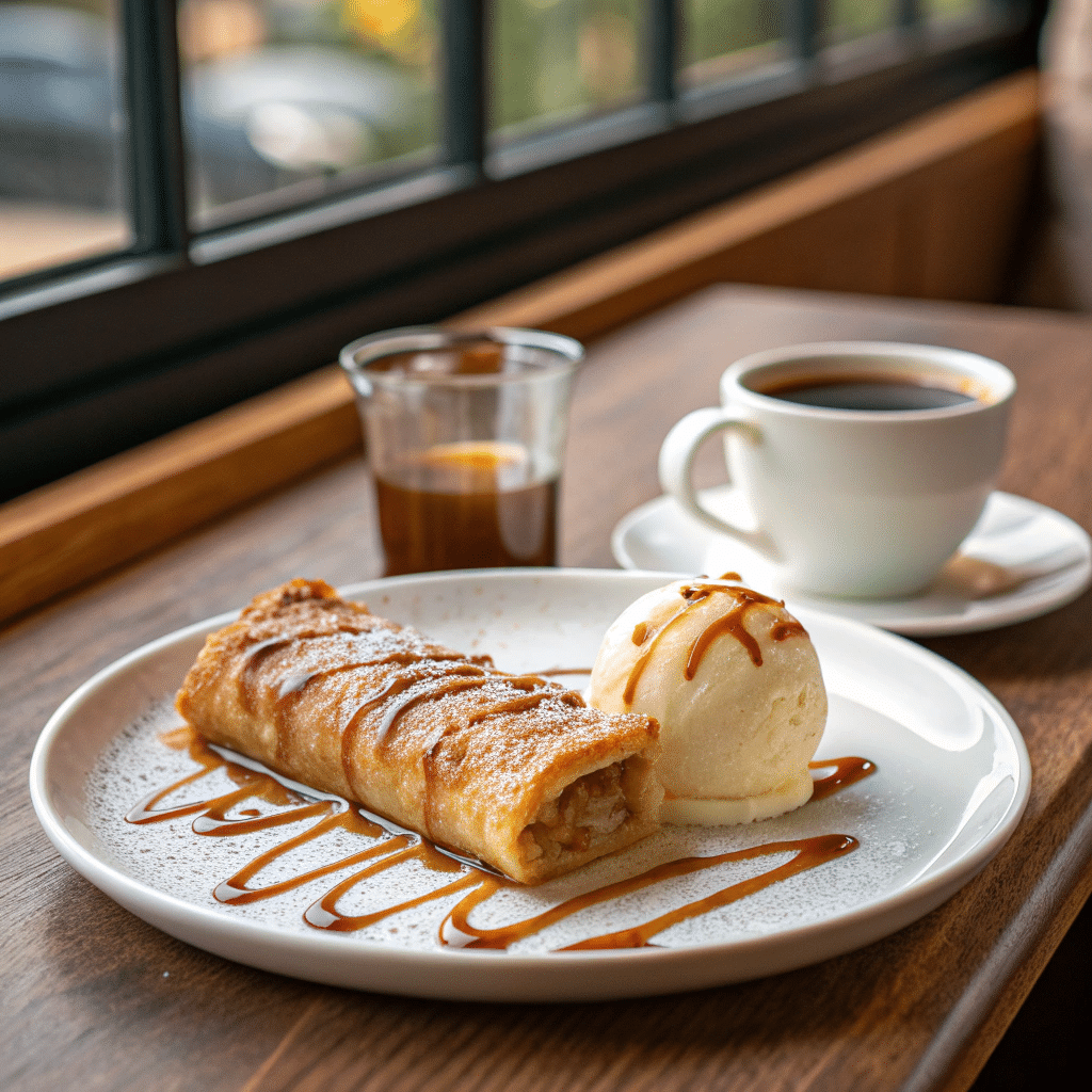 serving of turon with a scoop of vanilla ice cream